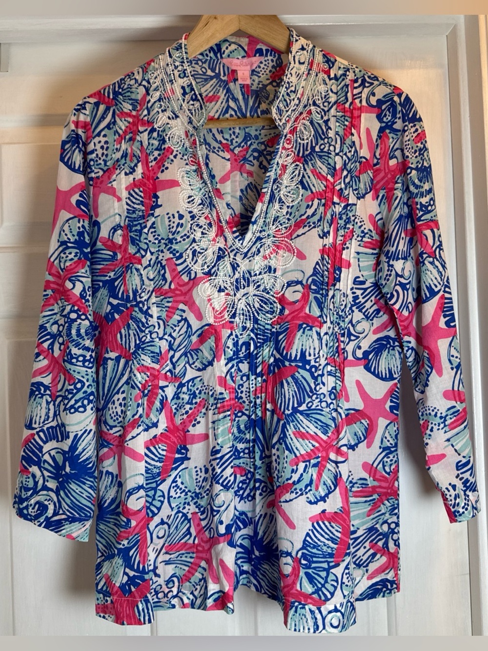 Lilly Pulitzer Sarasota “She She Shells” Print Pearl Beading Tunic Size Small